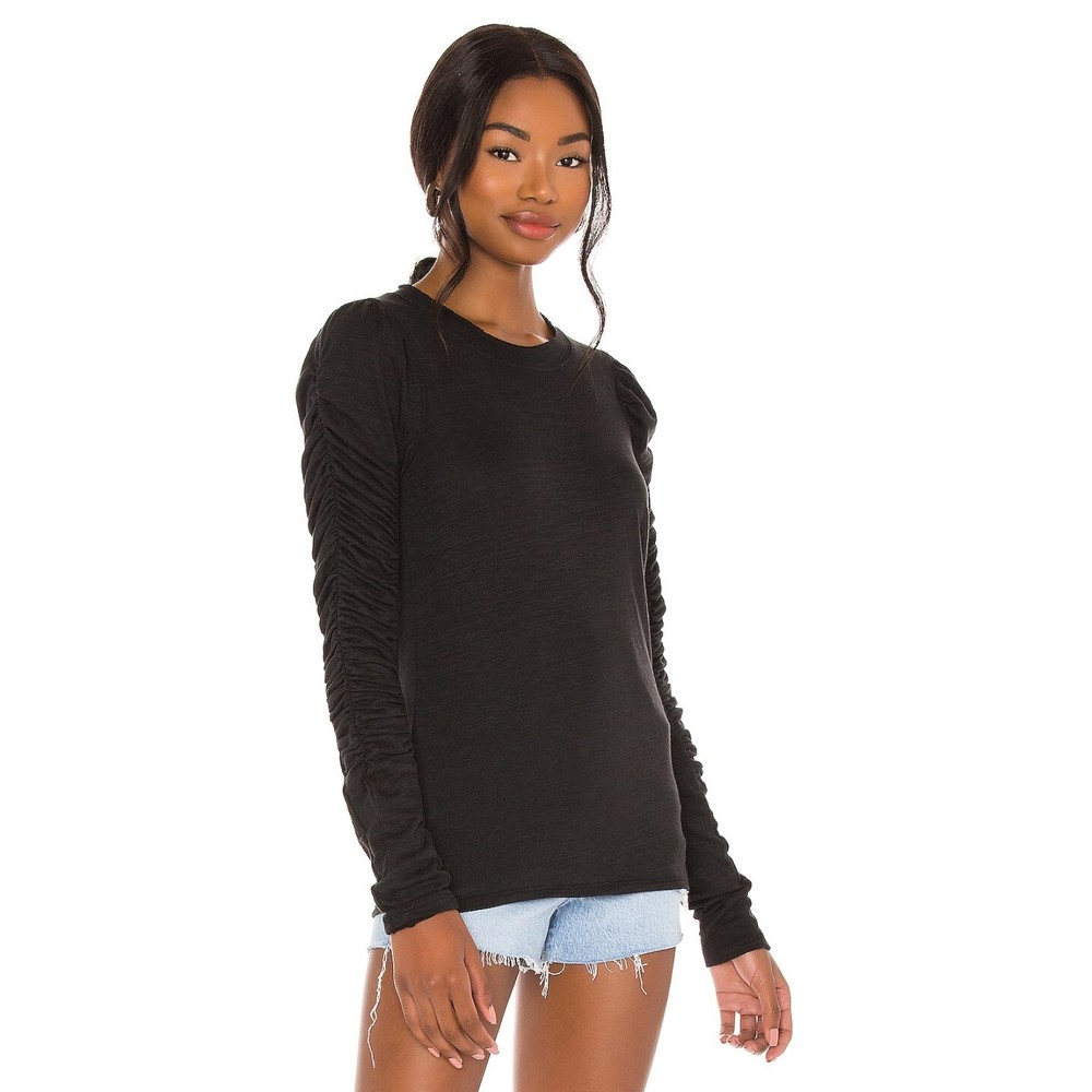35 M Free People NWT Natasha Tee Raw Neck Ruched Sleeve Slub Jersey Knit Black M - Picture 1 of 10